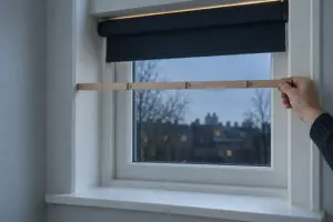En hånd holder en træmeterstok vandret hen over en hvid vinduesåbning, hvor et mørkt gardin sidder rullet op foroven