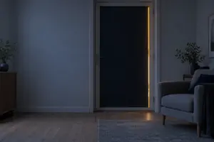Glasdør i en lys stue om aftenen, dækket af et højt mørkt gardin med en tynd stribe varmt lys langs den ene kant og en grå lænestol ved siden af