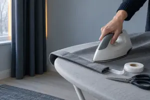 En hånd stryger den foldede nederste kant af et gråt gardin på et strygebræt, med en rulle hvidt strygebånd og en saks ved siden af