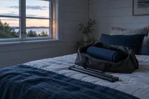 Sommerhusværelse med hvide træpaneler, hvor en åben rejsetaske på sengen rummer et sammenrullet mørkt gardin, med en samlet teleskopstang ved siden af