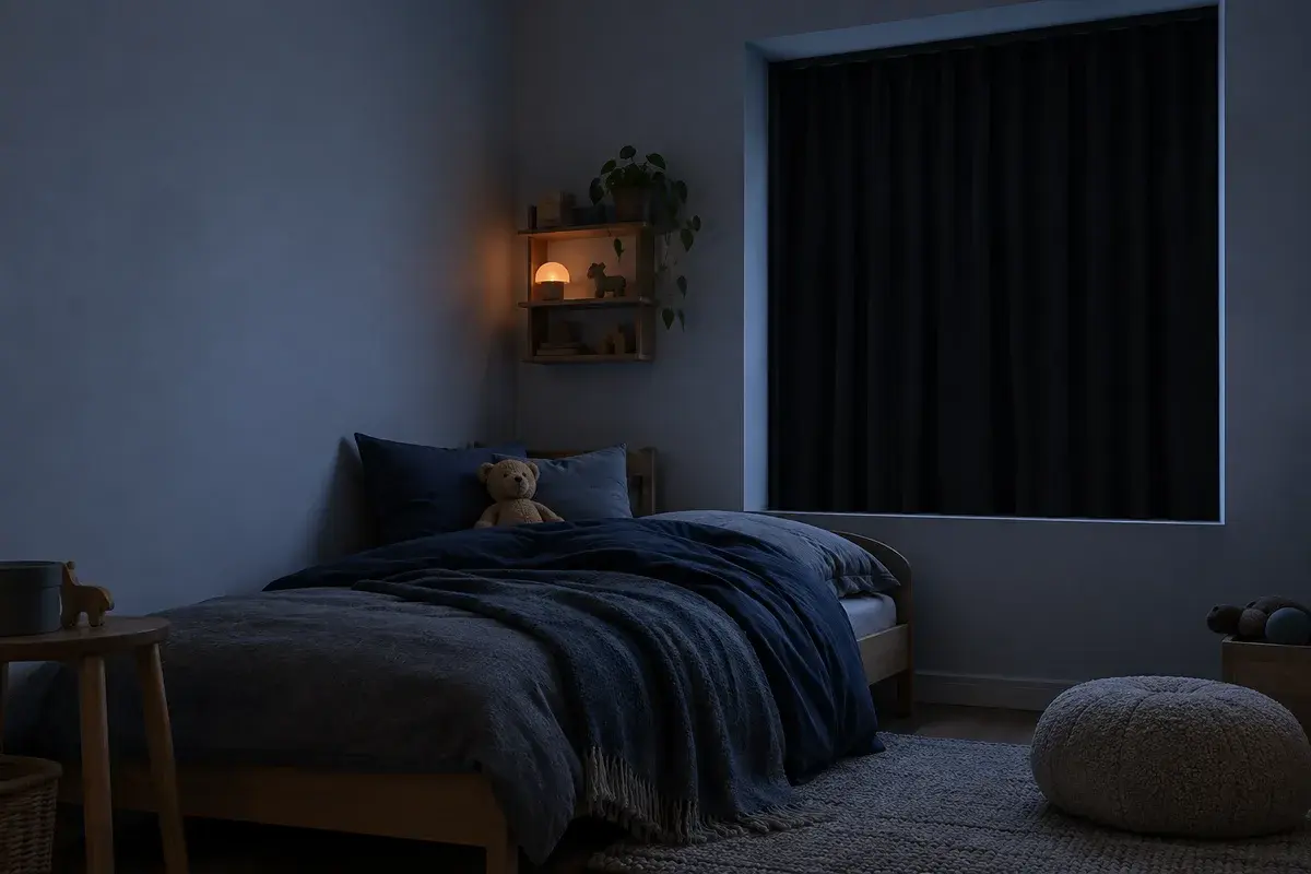 Børneværelse i sommerskumring med en lille seng, en bamse og et vindue dækket af et mørkt gardin inde i lysningen, og en svag rødlig natlampe på en hylde