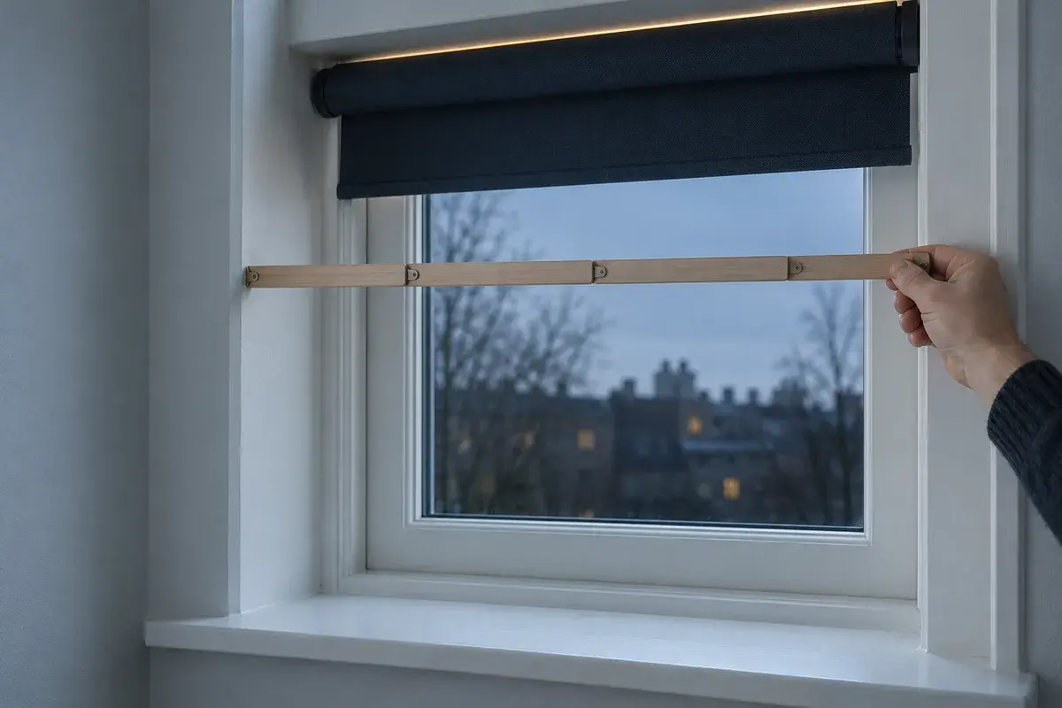 En hånd holder en træmeterstok vandret hen over en hvid vinduesåbning, hvor et mørkt gardin sidder rullet op foroven