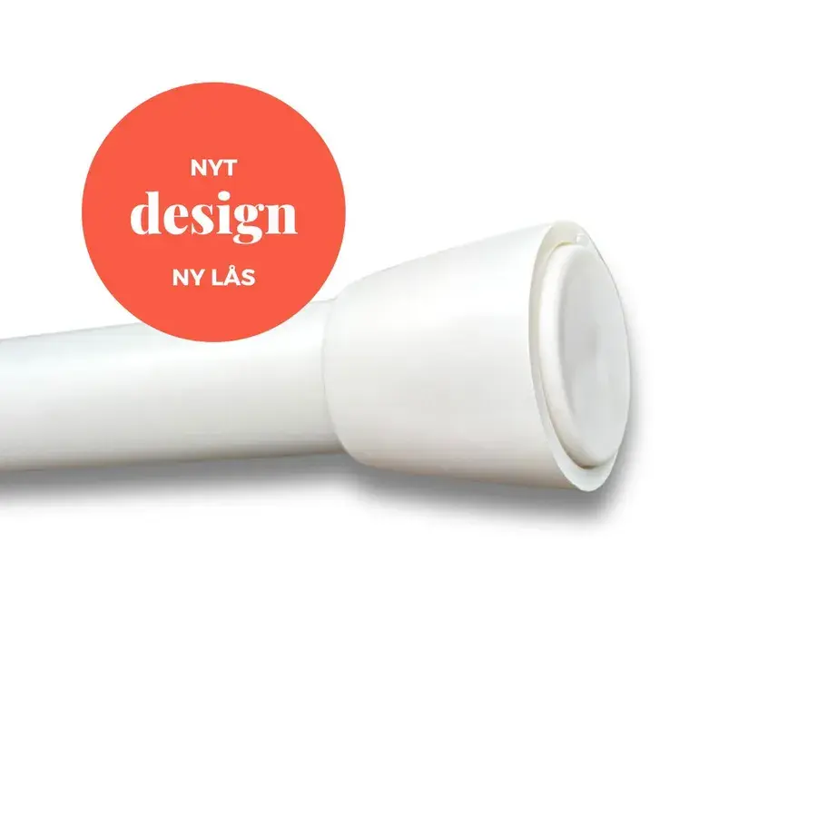 Enden af en hvid teleskopstang med endeknop og et rødt mærke med teksten Nyt design, ny lås
